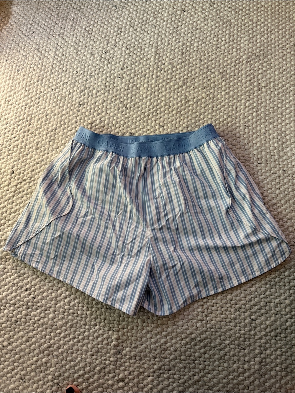 Ganni Striped Pastel Blue Elastic-Waist Women's Shorts